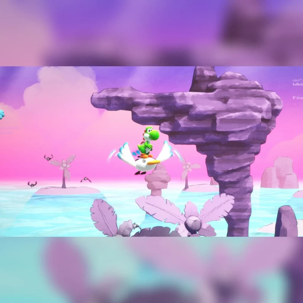 Videojogo Nintendo Yoshi and the Mysterious Book Switch 2 Standard, em uso: Yoshi voando em pássaro branco em nível pastel