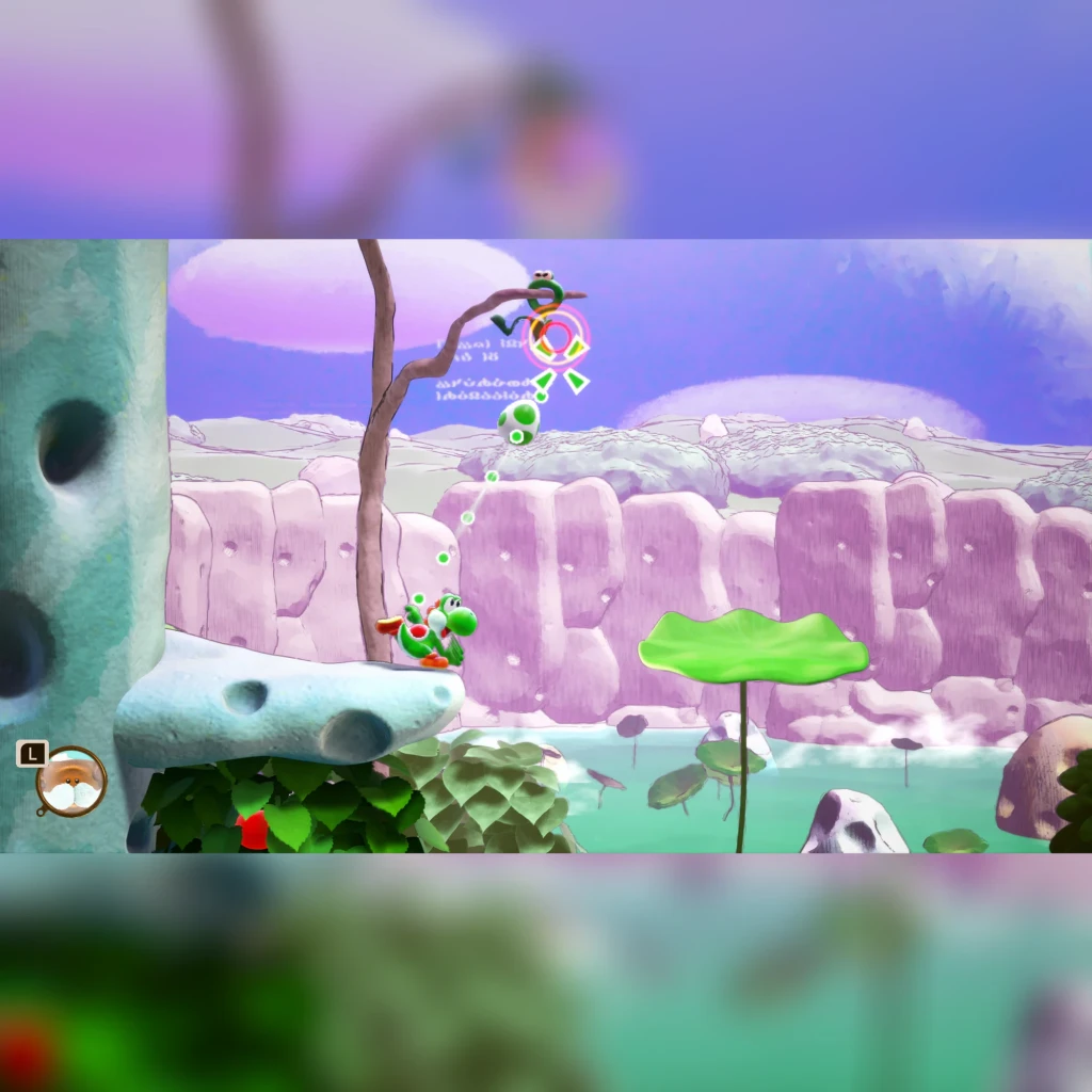 Videojogo Nintendo Yoshi and the Mysterious Book Switch 2 Standard, em uso: Yoshi verde a saltar em nível aquarela