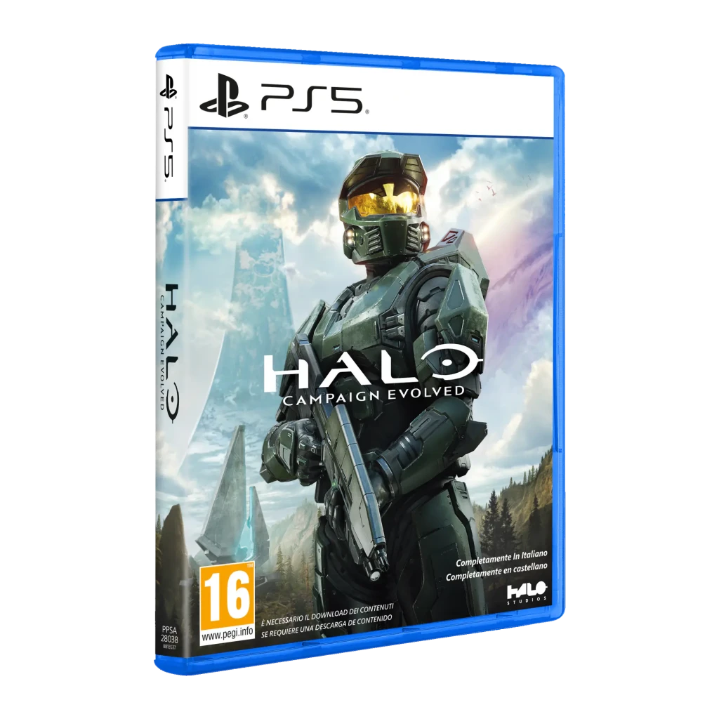 Jeu vidéo Microsoft Halo: Campaign Evolved Bleu Standard PS5, détail: boîtier en angle avec Master Chief et logo PEGI 16