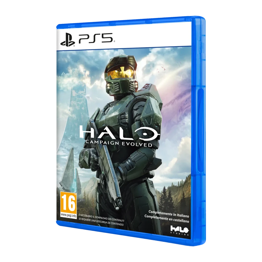 Jeu vidéo Microsoft Halo: Campaign Evolved Bleu Standard PS5, détail: boîtier bleu en angle avec Master Chief et logo du jeu
