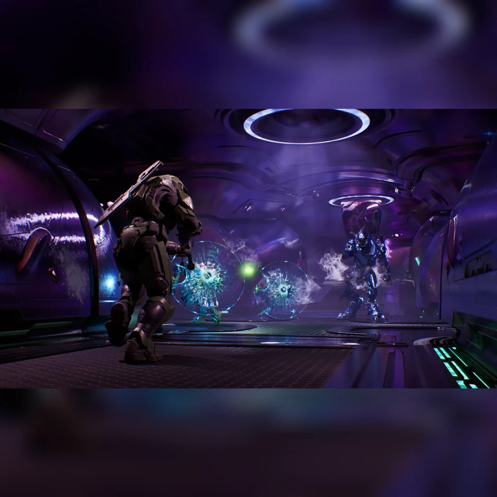 Jeu vidéo Microsoft Halo: Campaign Evolved Bleu Standard PS5, en cours d'utilisation: soldat dans couloir alien violet face