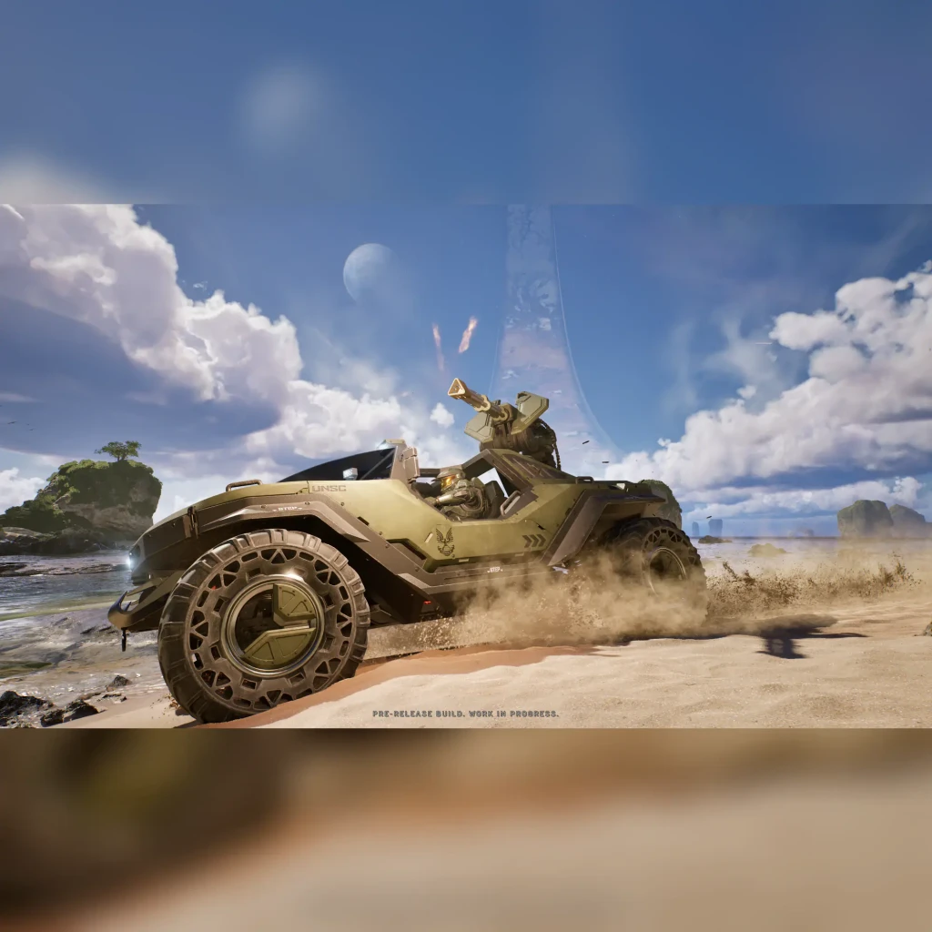 Jeu vidéo Microsoft Halo: Campaign Evolved Bleu Standard PS5, en jeu: Warthog UNSC sur plage avec soldat et tourelle, anneau