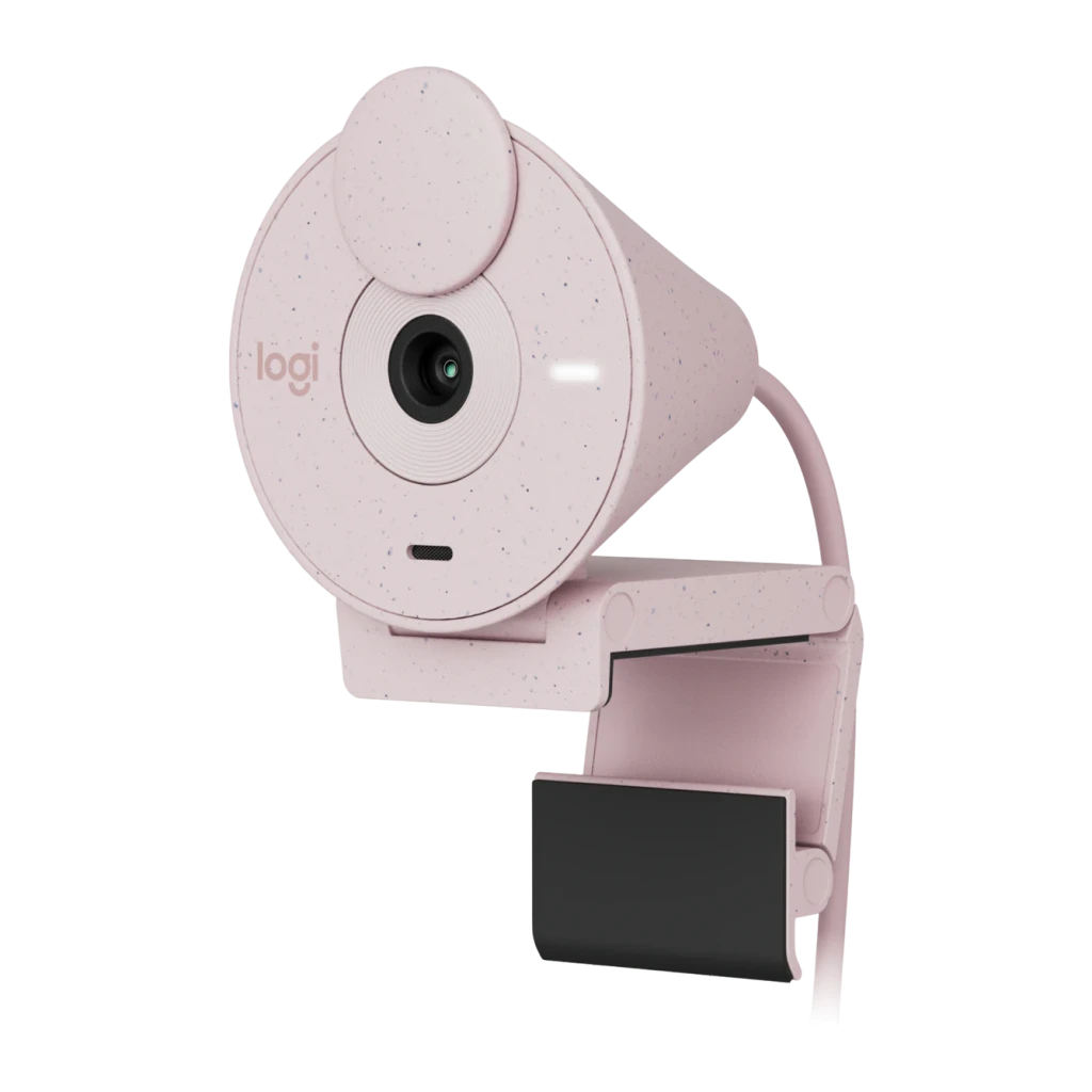 Webcam Logitech Brio 300 Full HD Microphone USB-C Rose, vue de face: objectif central, cache-confidentialité et clip