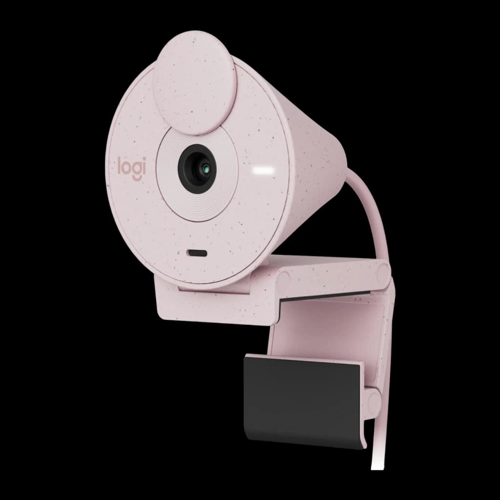 Webcam Logitech Brio 300 Full HD Microphone USB-C Rose, vue de face: objectif central, cache-confidentialité et clip
