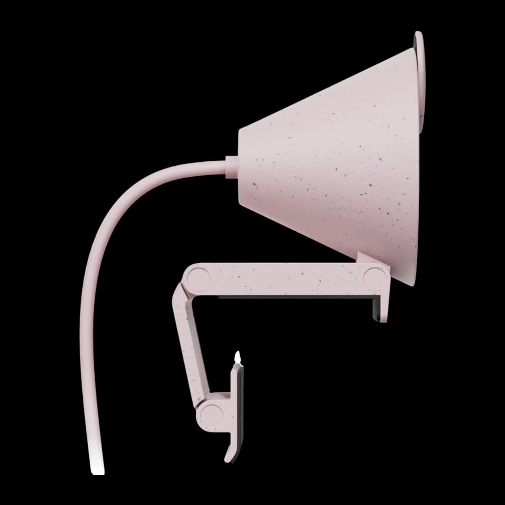 Webcam Logitech Brio 300 Full HD Microphone USB-C Rose, détail: pince de fixation, bras articulé et texture mouchetée en rose
