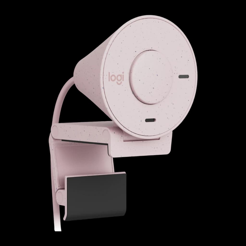 Webcam Logitech Brio 300 Full HD Microphone USB-C Rose, détail: vue latérale avec objectif circulaire, logo logi et clip
