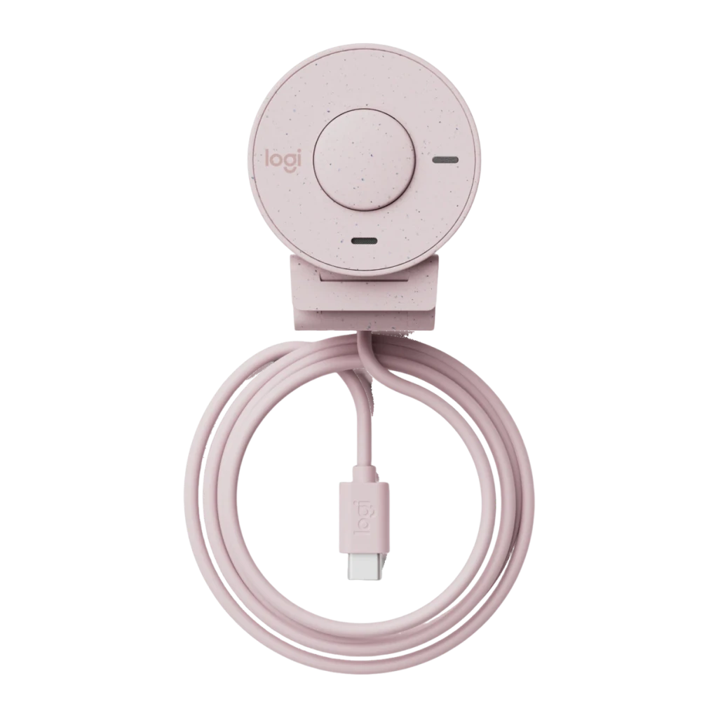 Webcam Logitech Brio 300 Full HD Microphone USB-C Rose, détail: vue arrière avec câble USB-C enroulé et connecteur