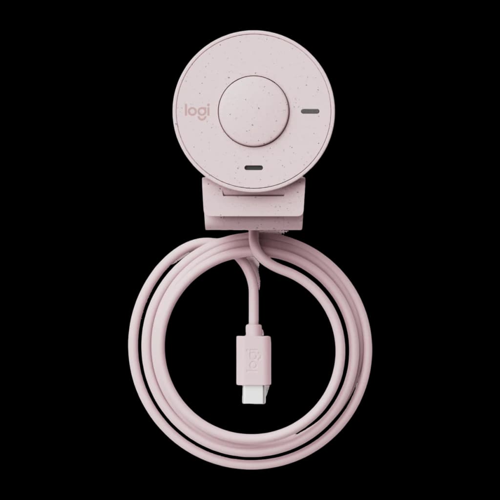 Webcam Logitech Brio 300 Full HD Microphone USB-C Rose, détail: vue arrière avec câble USB-C enroulé et connecteur