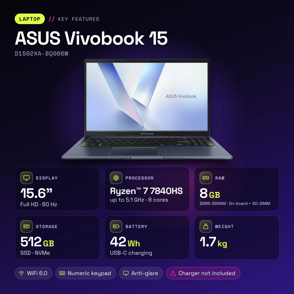 Portátil ASUS Vivobook 15 8GB/512GB 15,6 pulgadas FHD AMD Ryzen 7 7840HS SSD NVMe PCIe 4.0 Windows 11 Home Azul D1502XA-BQ066W - características
