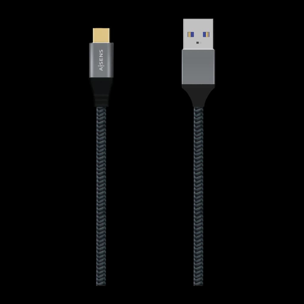 Cable Aisens USB 3.1 a USB-C Macho/Macho 2m 3A Gen2 Gris, detalle: trenzado gris, conector USB-C dorado y USB-A azul visibles