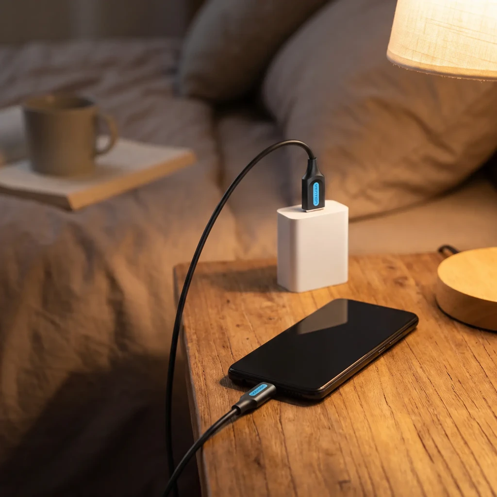 Câble USB Vention COKBF USB-A vers USB-C 3A Charge Rapide 1m Noir, usage réel: charge d'un smartphone sur table de nuit sous
