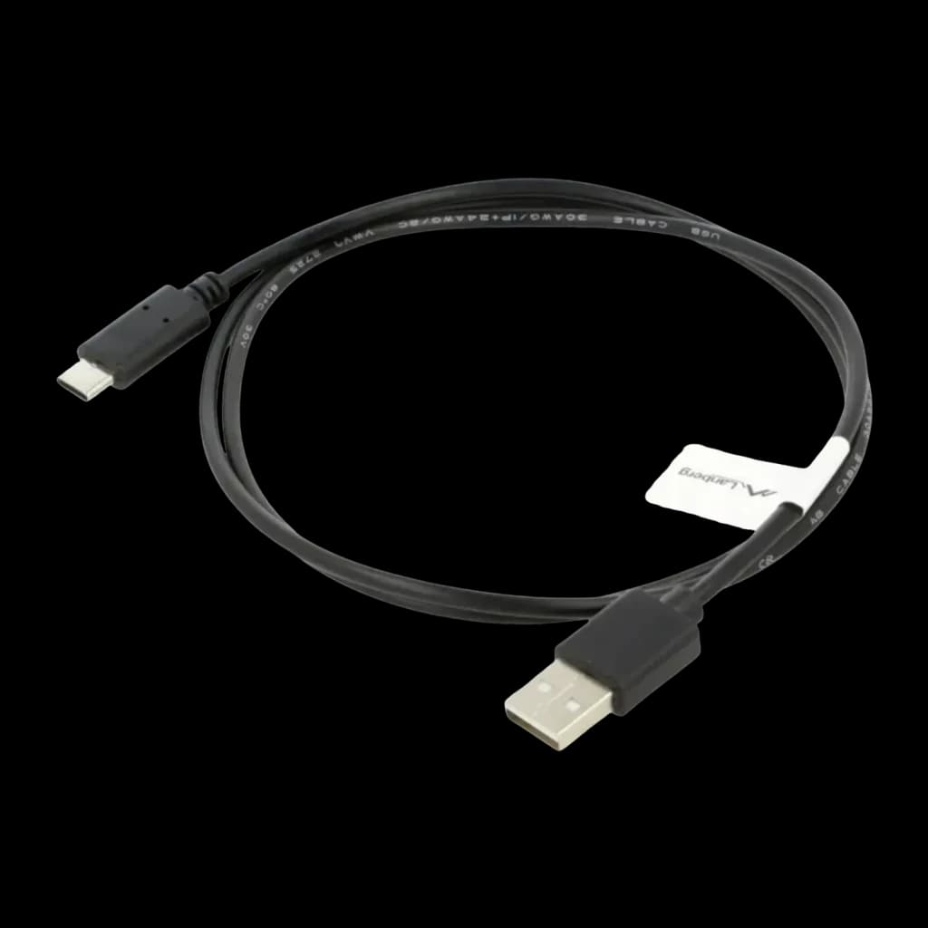 Cable usb Lanberg C a USB-A 2.0 Macho/Macho 1m 480 Mbit/s Negro, vista frontal: cable enrollado con conector USB-C y USB-A