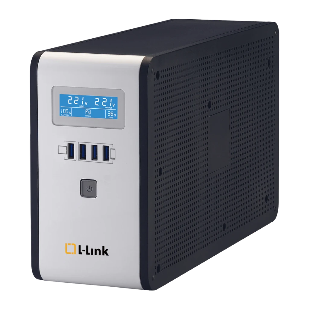 SAI L-Link Interactive 2000VA 1200W LL-7720, vista frontal: pantalla LCD azul con voltaje, 4 puertos USB y botón de encendido