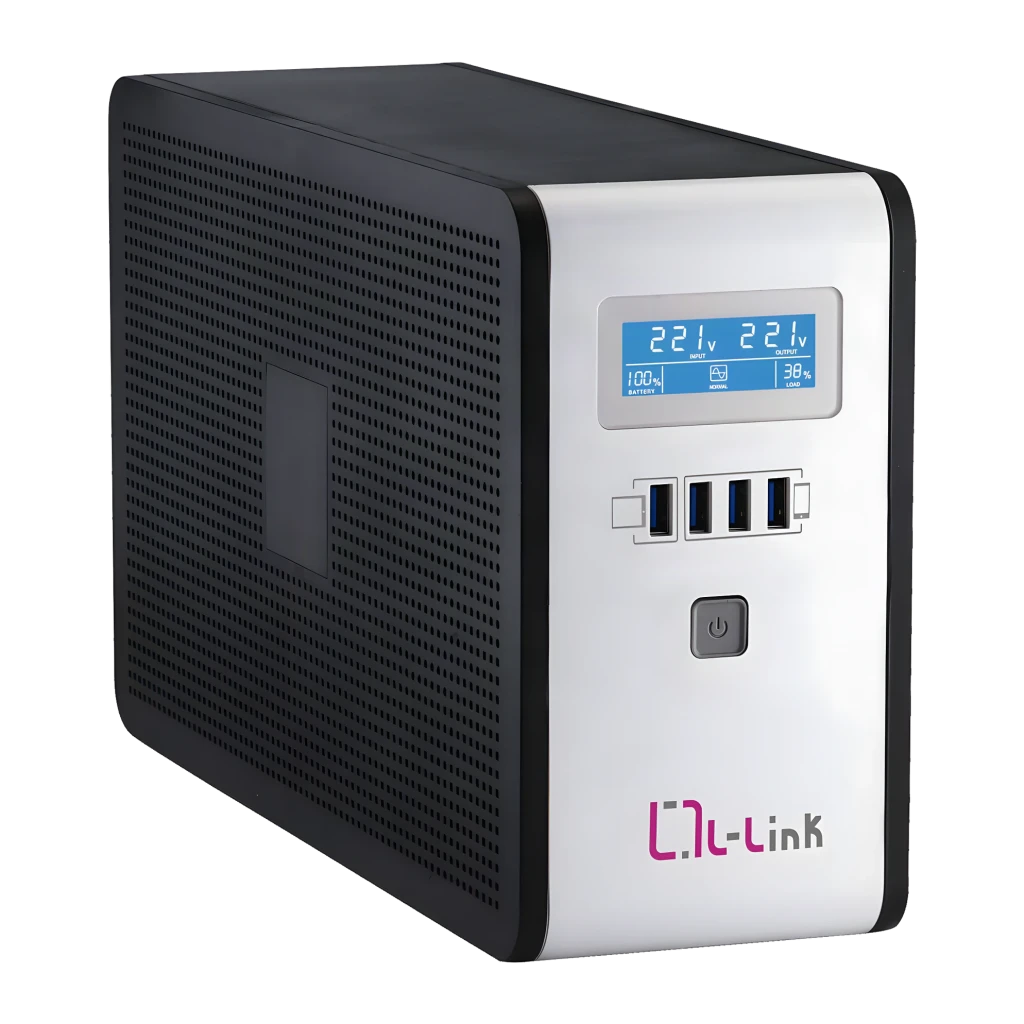 SAI L-Link Interactive 2000VA 1200W LL-7720, detalle: pantalla LCD con voltaje, puertos USB y botón de encendido en panel