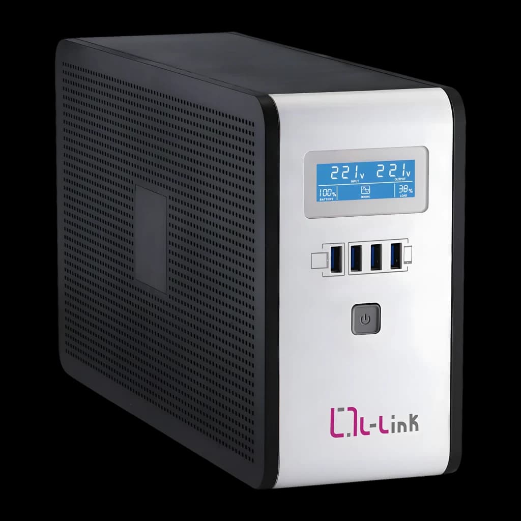 SAI L-Link Interactive 2000VA 1200W LL-7720, detalle: pantalla LCD con voltaje, puertos USB y botón de encendido en panel