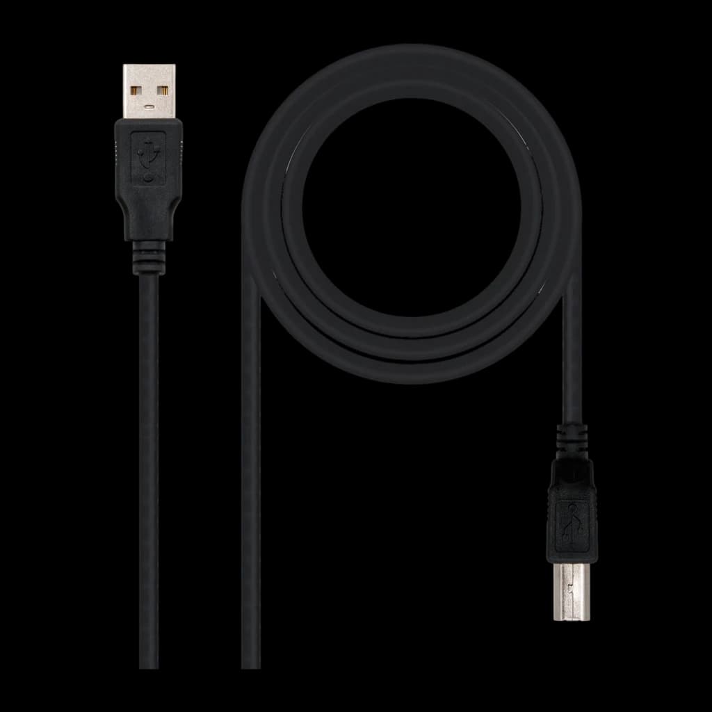 Câble Nanocable USB 2.0 Type A/M-B/M 3m USB-A vers USB-B Noir, vue frontale: connecteur USB-A doré et connecteur USB-B