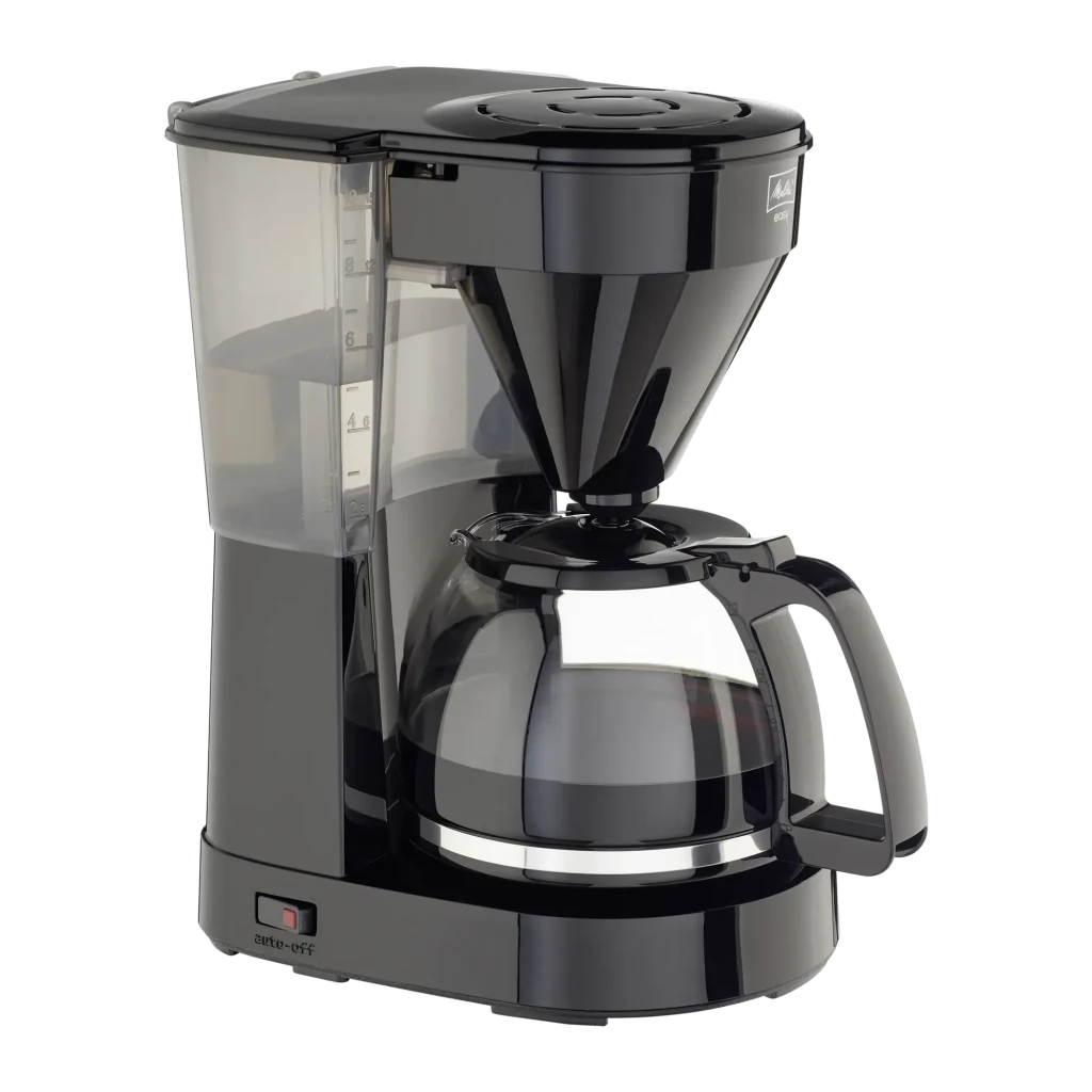 Cafetière filtre Melitta Easy 1023-02 10 tasses 1050W Noir, détail: vue latérale avec réservoir gradué, verseuse en verre