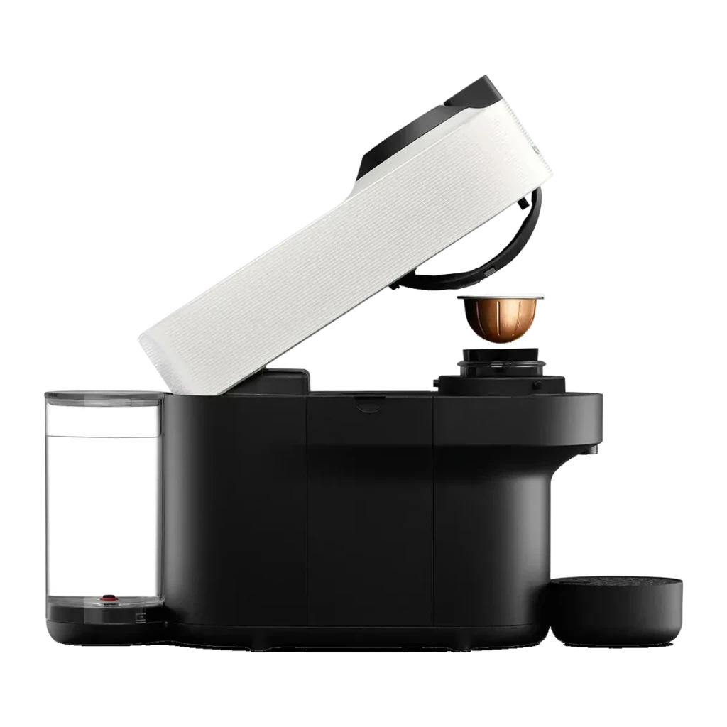 Cafetera de cápsulas Krups Nespresso Vertuo Pop XN9201 Nespresso VertuoLine Blanco, detalle lateral: tapa abierta y cápsula