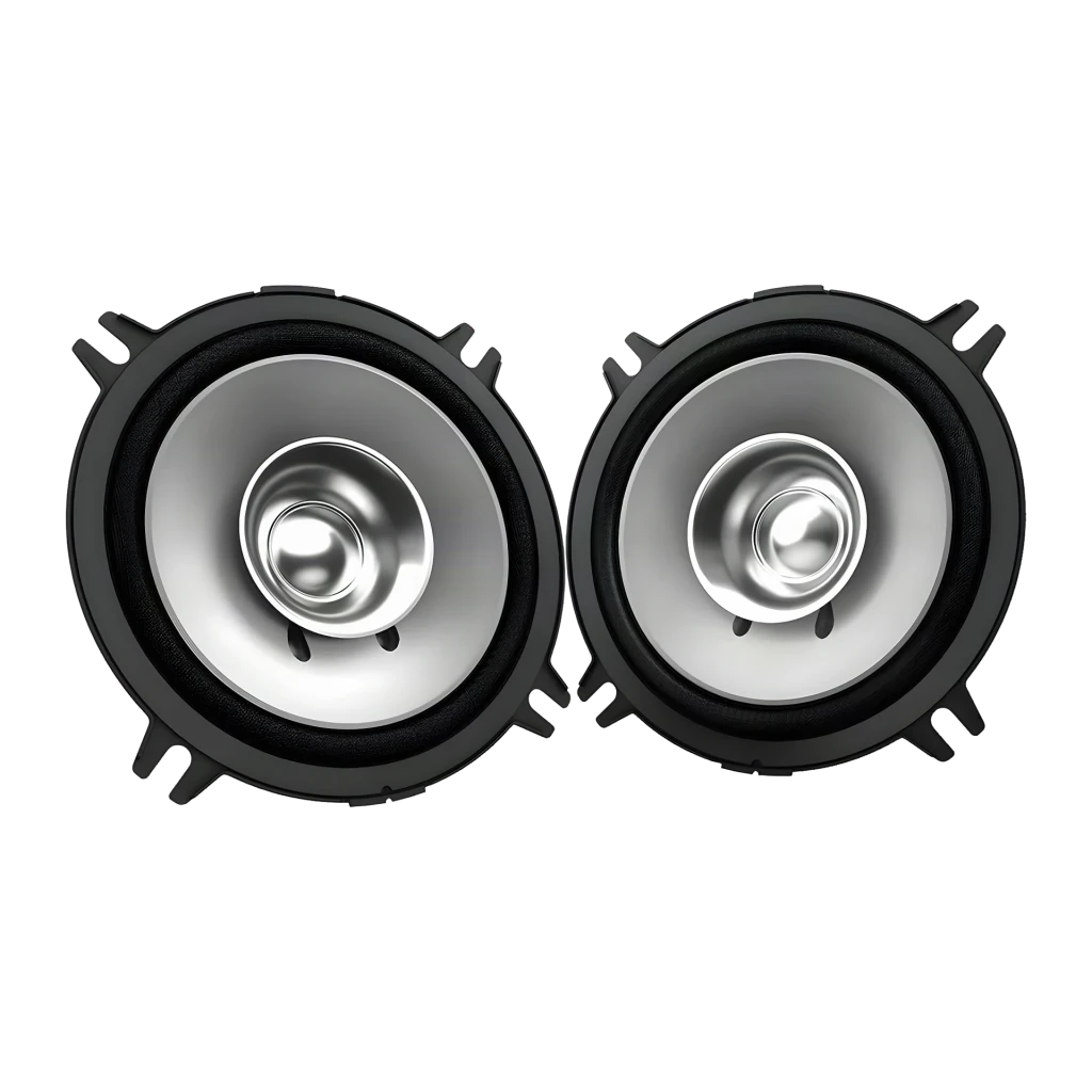 Altavoces de coche Kenwood 2 vías 30W RMS KFC-S1357, vista frontal: par de altavoces redondos con cono plateado y marco negro