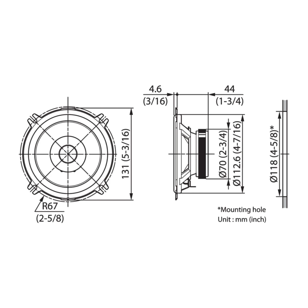 Altavoces de coche Kenwood 2 vías 30W RMS KFC-S1357, diagrama técnico: cotas frontales y laterales en mm y pulgadas