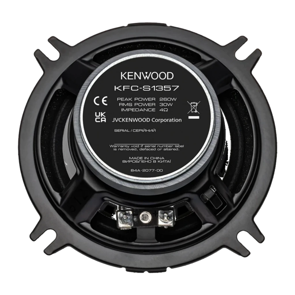 Altavoces de coche Kenwood 2 vías 30W RMS KFC-S1357, vista trasera: etiqueta con potencia pico 260W, RMS 30W, impedancia 4Ω