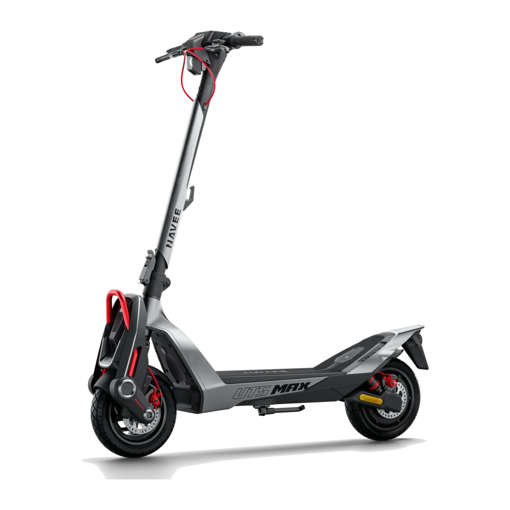 Patinete eléctrico NAVEE UT5 Max 2400W 100km 25km/h 12 pulgadas Gris, vista frontal: chasis gris con detalles rojos, ruedas
