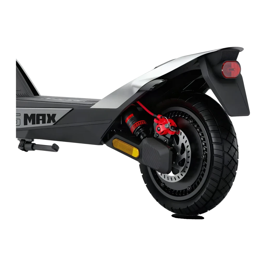 Patinete eléctrico NAVEE UT5 Max 2400W 100km 25km/h 12 pulgadas Gris, vista trasera: rueda trasera con freno de disco