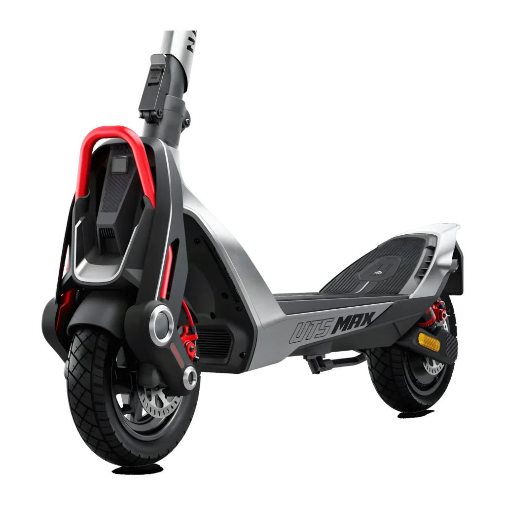Patinete eléctrico NAVEE UT5 Max 2400W 100km 25km/h 12 pulgadas Gris, detalle: chasis frontal con arco rojo, freno de disco