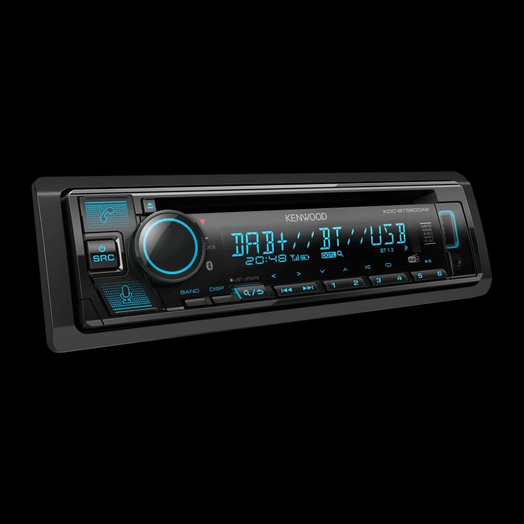 Auto-rádio Kenwood Preto 1 DIN KDC-BT560DAB, vista frontal: ecrã azul com DAB+ BT USB, botão giratório e teclas iluminadas