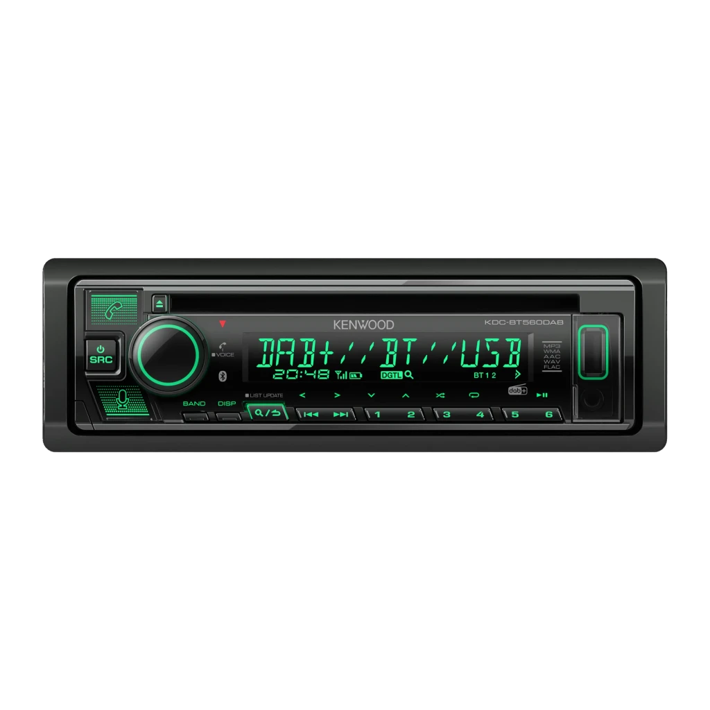Auto-rádio Kenwood Preto 1 DIN KDC-BT560DAB, detalhe frontal: ecrã iluminado a verde com DAB+ BT USB e botões retroiluminados