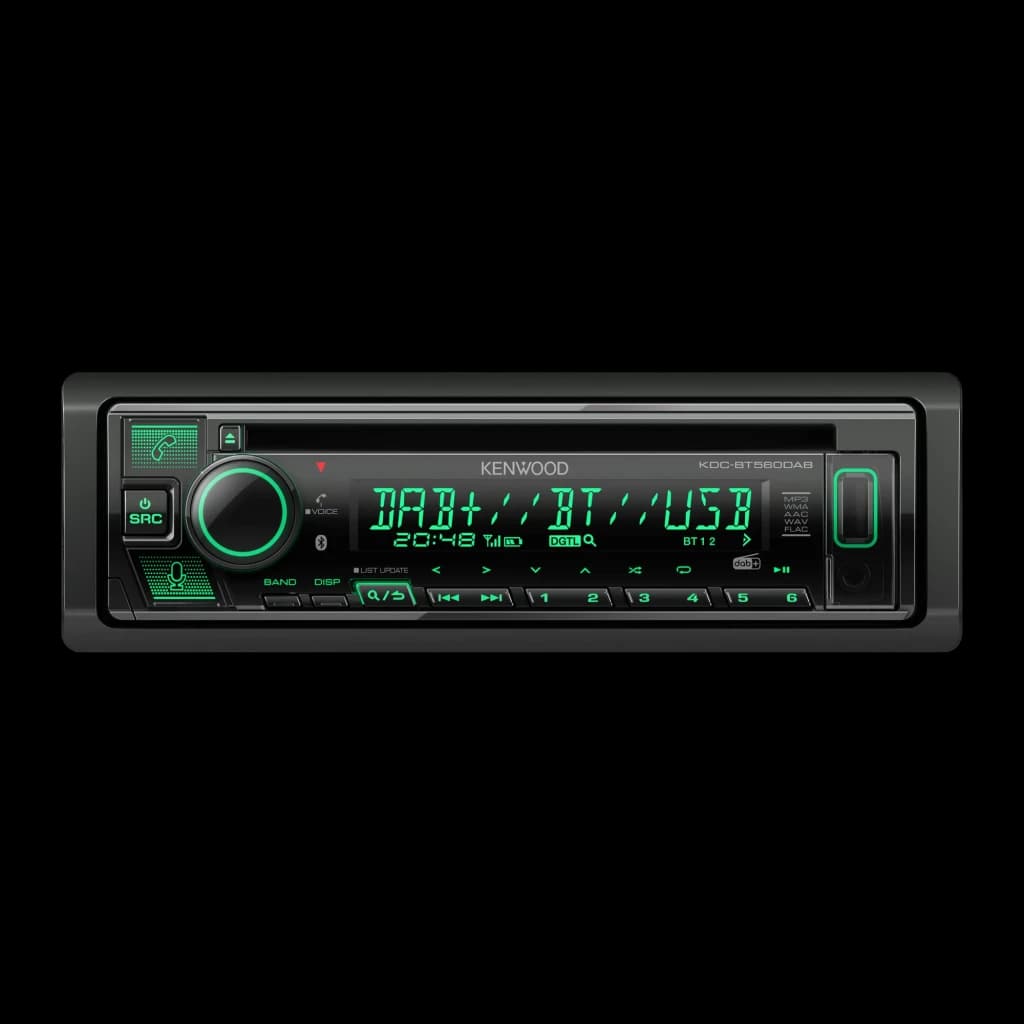 Auto-rádio Kenwood Preto 1 DIN KDC-BT560DAB, detalhe frontal: ecrã iluminado a verde com DAB+ BT USB e botões retroiluminados