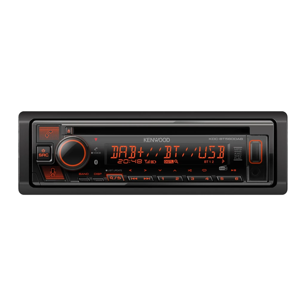 Auto-rádio Kenwood Preto 1 DIN KDC-BT560DAB, detalhe: ecrã iluminado a laranja com DAB+, BT e USB visíveis