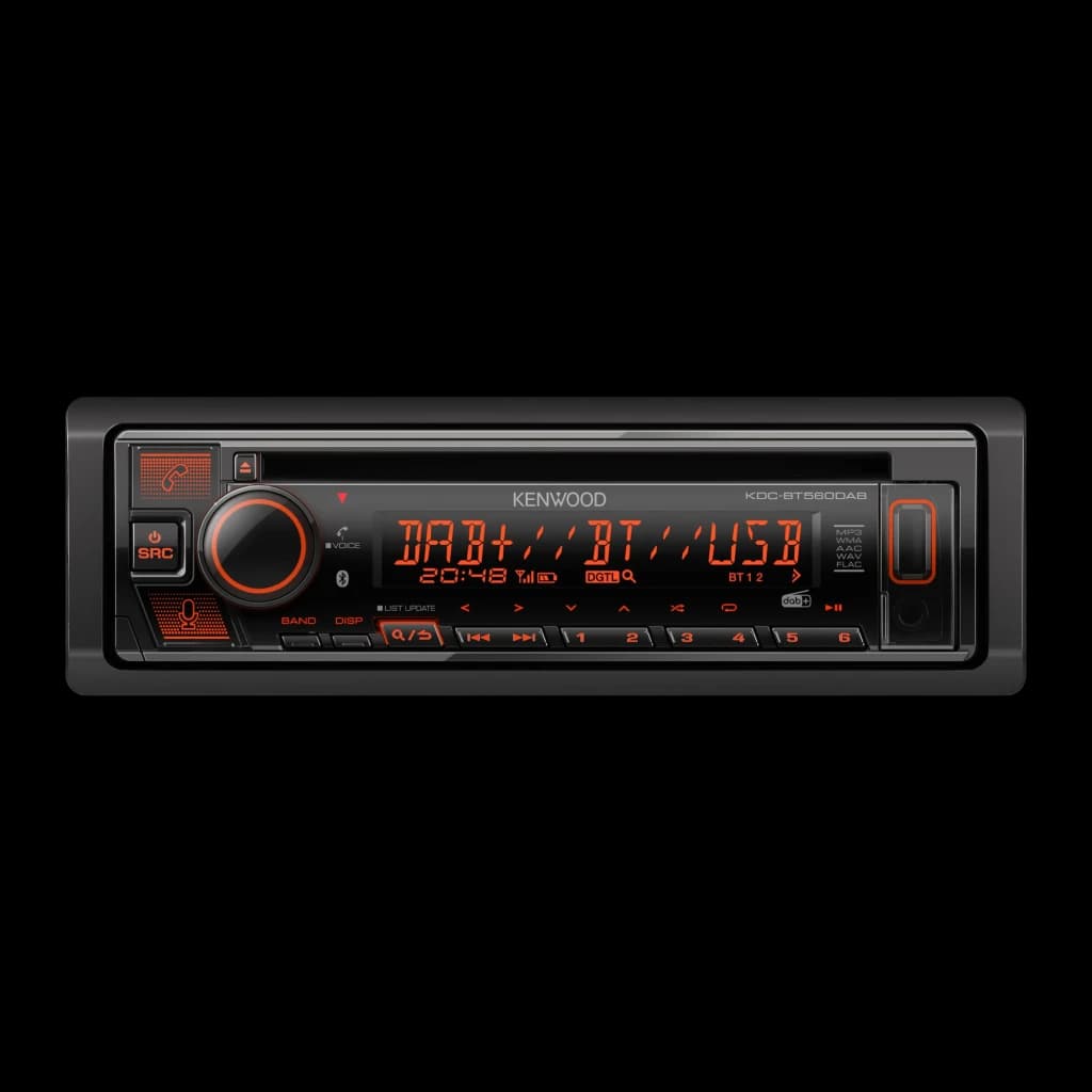 Auto-rádio Kenwood Preto 1 DIN KDC-BT560DAB, detalhe: ecrã iluminado a laranja com DAB+, BT e USB visíveis