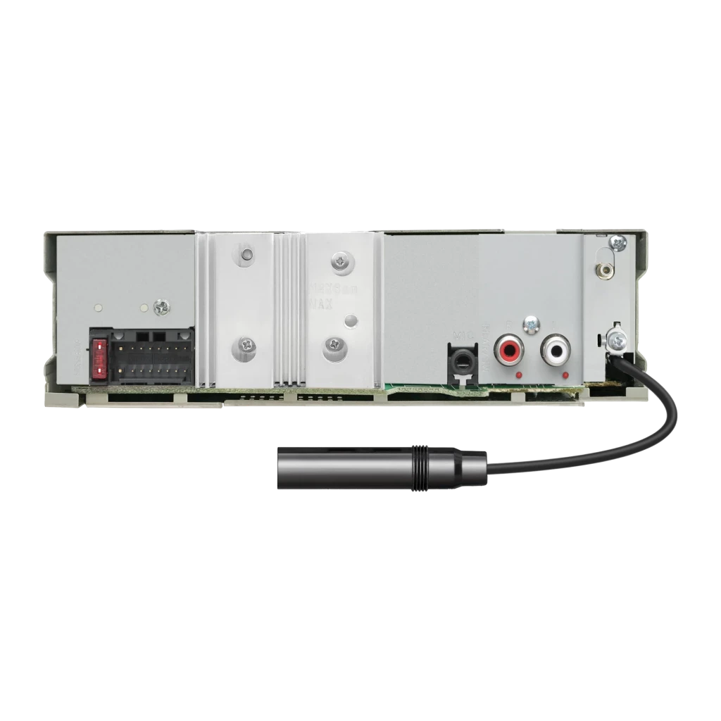 Auto-rádio Kenwood Preto 1 DIN KDC-BT560DAB, vista traseira: conectores RCA, conector de antena e cablagem visíveis