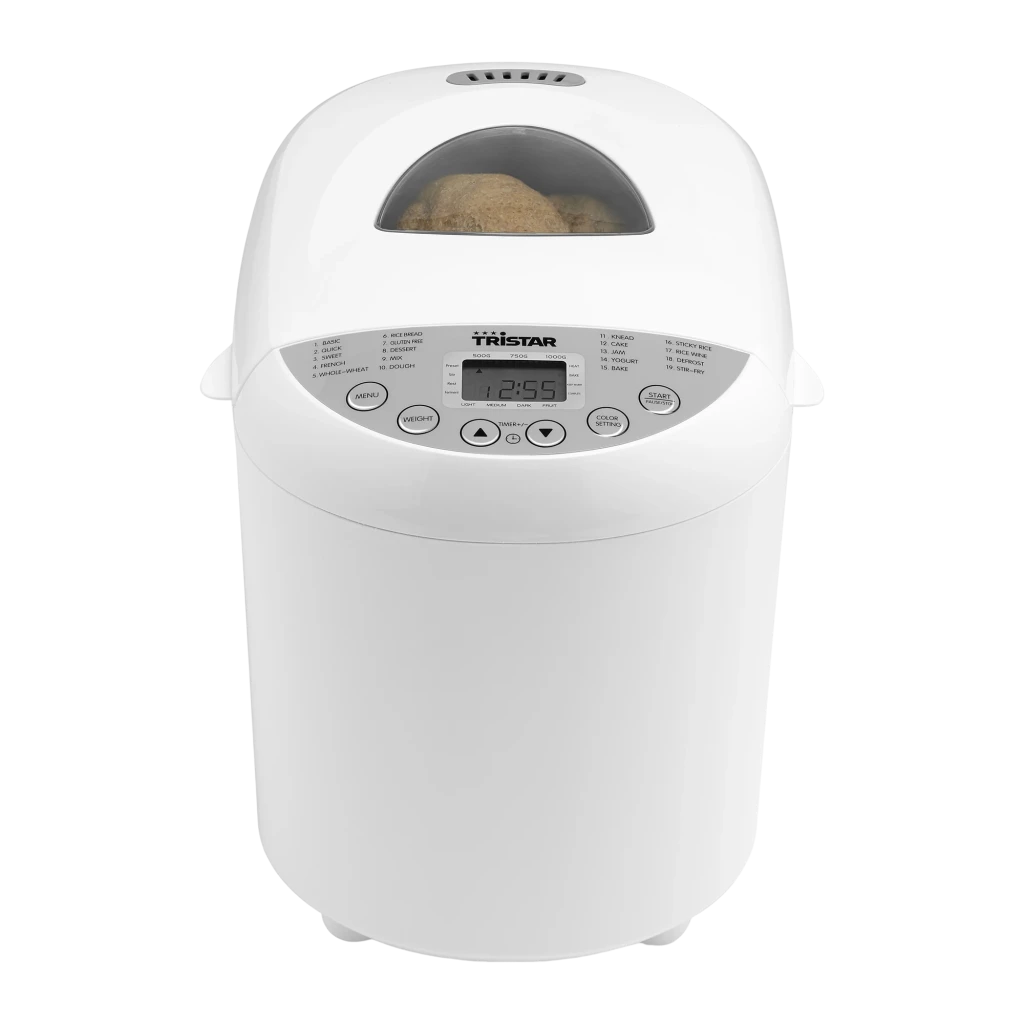 Panificatrice TriStar 550W 1 kg Blanc BM-4586, vue de face: panneau LCD, programmes et hublot avec pain cuit
