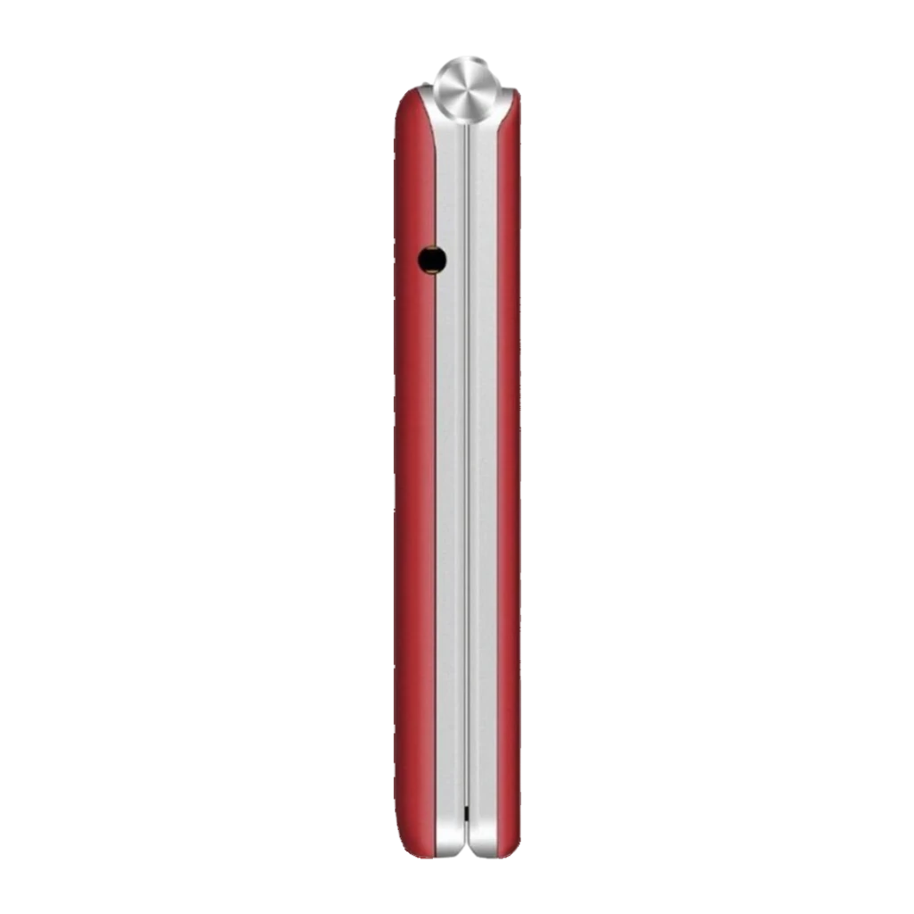 MaxCom Comfort MM835 Rojo Móvil con tapa 1400mAh 4G, detalle: lateral cerrado con bisagra plateada y botón lateral