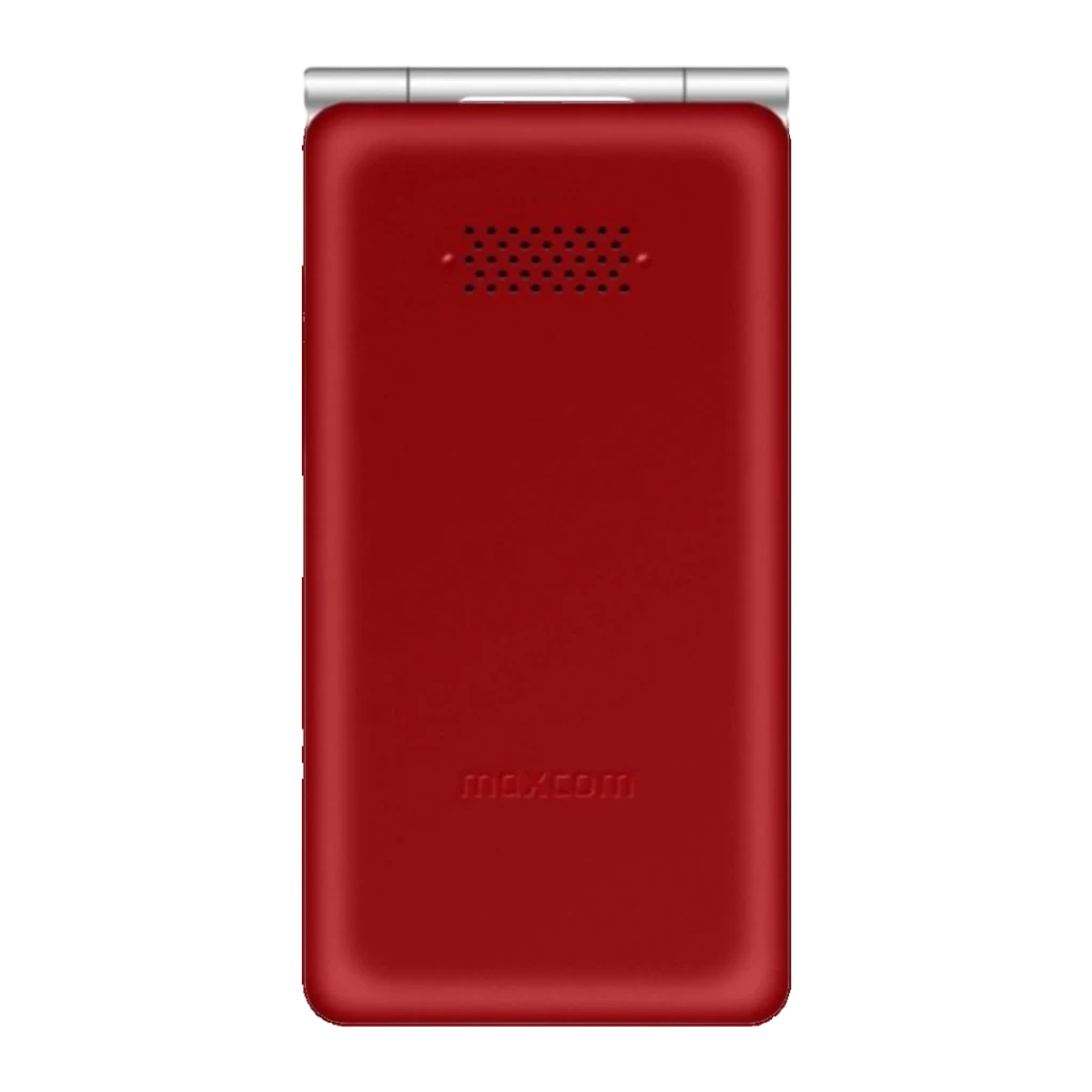 MaxCom Comfort MM835 Rojo Móvil con tapa 1400mAh 4G, vista trasera: tapa roja con altavoz y logo maxcom grabado
