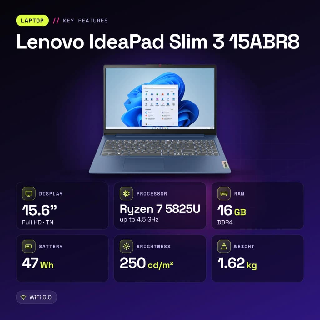 Portátil Lenovo IdeaPad Slim 3 15ABR8 16GB/512GB 15,6 polegadas Full HD AMD Ryzen 7 5825U SSD NVMe PCIe 4.0 Windows 11 Home Azul - características