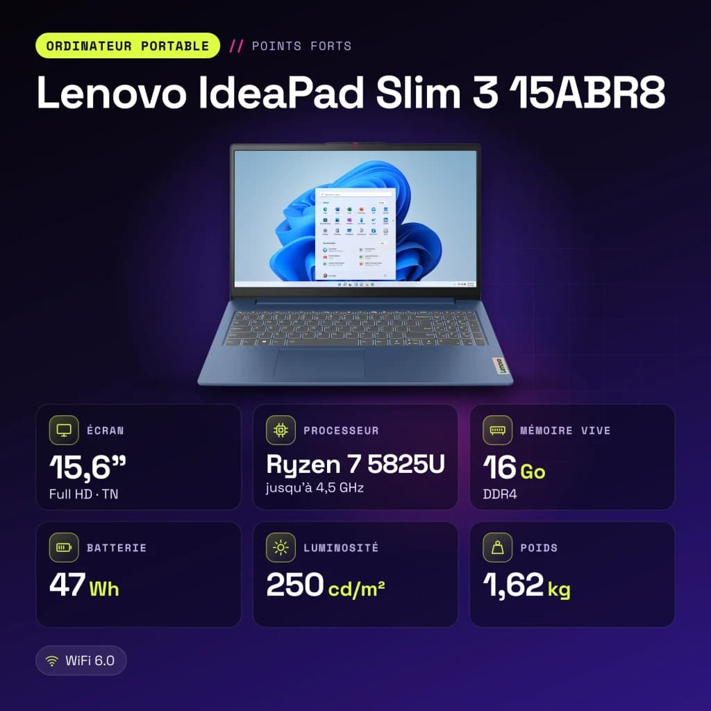 Portátil Lenovo IdeaPad Slim 3 15ABR8 16GB/512GB 15,6 polegadas Full HD AMD Ryzen 7 5825U SSD NVMe PCIe 4.0 Windows 11 Home Azul - características