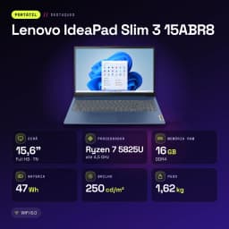 Portátil Lenovo IdeaPad Slim 3 15ABR8 16GB/512GB 15,6 polegadas Full HD AMD Ryzen 7 5825U SSD NVMe PCIe 4.0 Windows 11 Home Azul - características