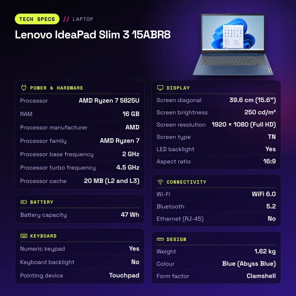 Portátil Lenovo IdeaPad Slim 3 15ABR8 16GB/512GB 15,6 polegadas Full HD AMD Ryzen 7 5825U SSD NVMe PCIe 4.0 Windows 11 Home Azul - características