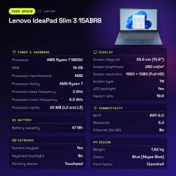 Portátil Lenovo IdeaPad Slim 3 15ABR8 16GB/512GB 15,6 polegadas Full HD AMD Ryzen 7 5825U SSD NVMe PCIe 4.0 Windows 11 Home Azul - características