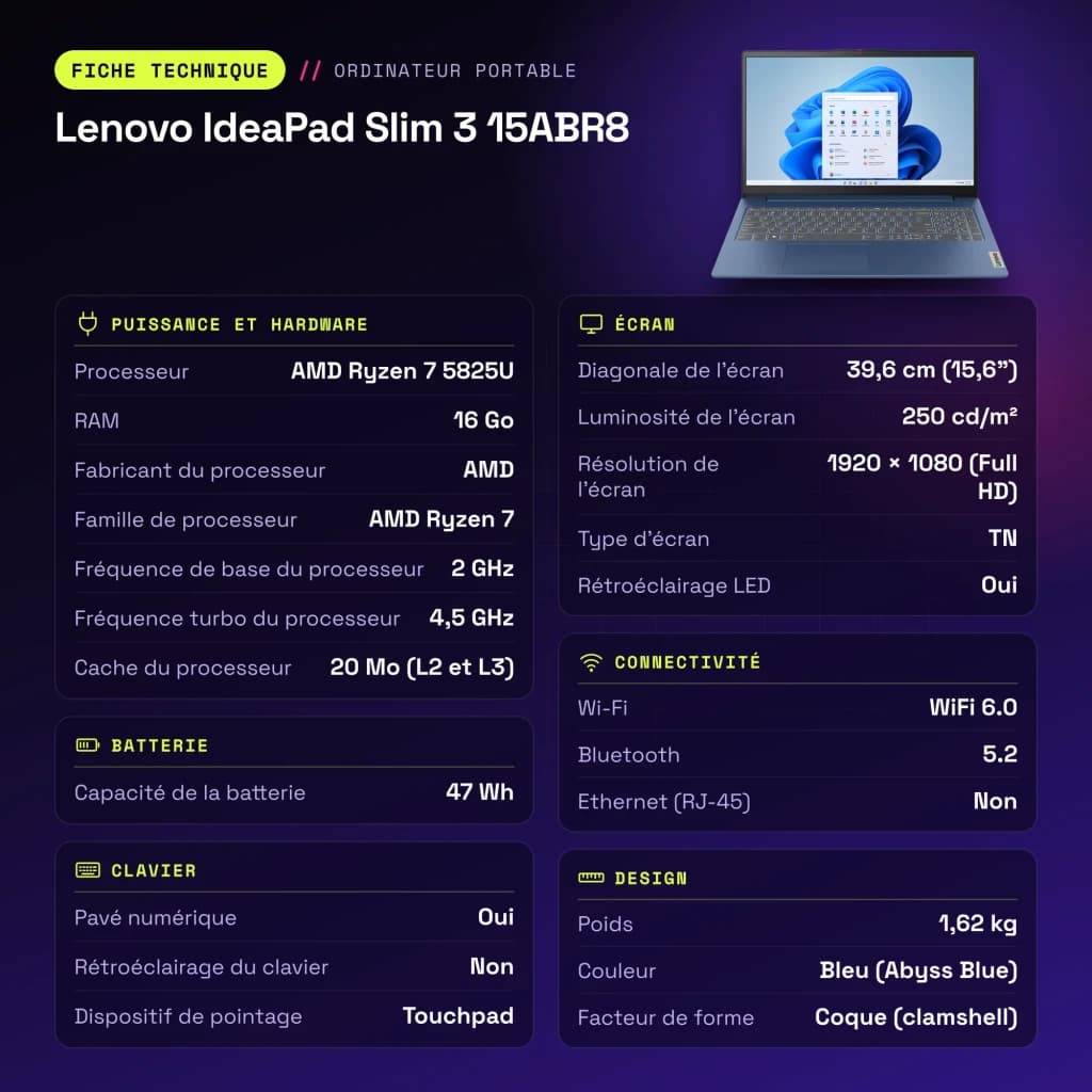 Portátil Lenovo IdeaPad Slim 3 15ABR8 16GB/512GB 15,6 polegadas Full HD AMD Ryzen 7 5825U SSD NVMe PCIe 4.0 Windows 11 Home Azul - características