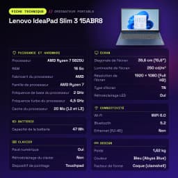 Portátil Lenovo IdeaPad Slim 3 15ABR8 16GB/512GB 15,6 polegadas Full HD AMD Ryzen 7 5825U SSD NVMe PCIe 4.0 Windows 11 Home Azul - características
