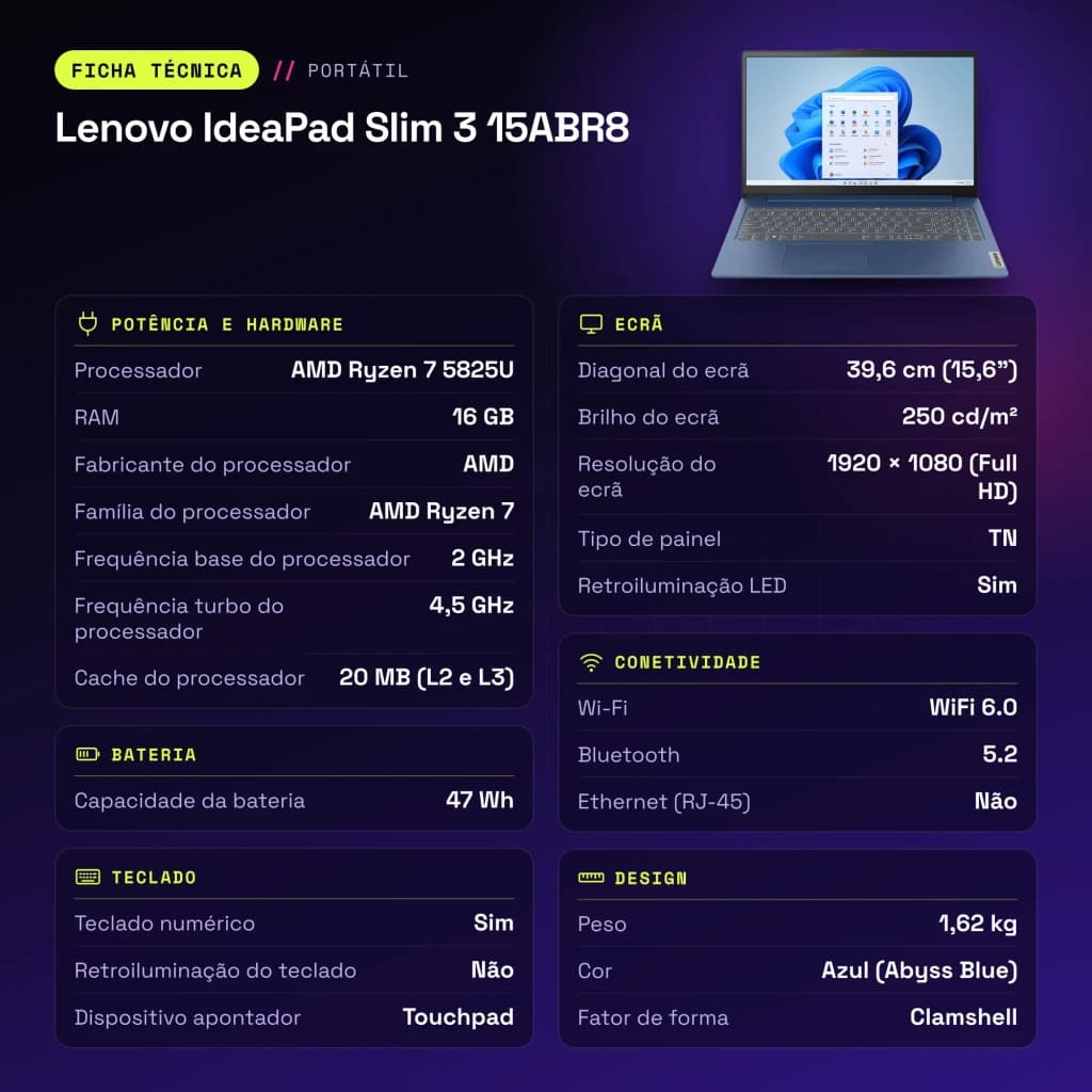 Portátil Lenovo IdeaPad Slim 3 15ABR8 16GB/512GB 15,6 polegadas Full HD AMD Ryzen 7 5825U SSD NVMe PCIe 4.0 Windows 11 Home Azul - características