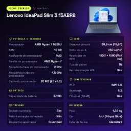 Portátil Lenovo IdeaPad Slim 3 15ABR8 16GB/512GB 15,6 polegadas Full HD AMD Ryzen 7 5825U SSD NVMe PCIe 4.0 Windows 11 Home Azul - características