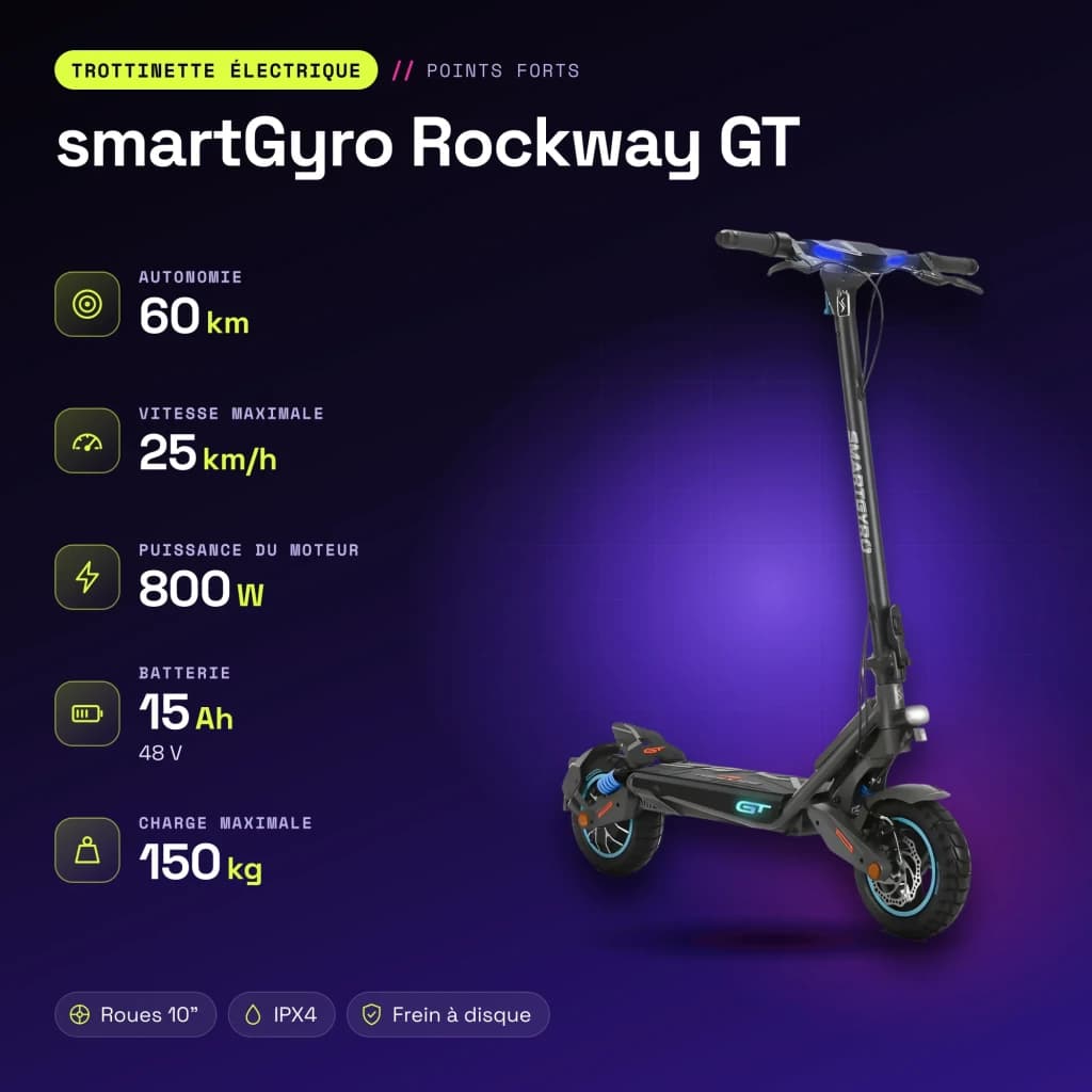 Patinete eléctrico smartGyro Rockway GT 800W 60km 25km/h 10 pulgadas Negro - características