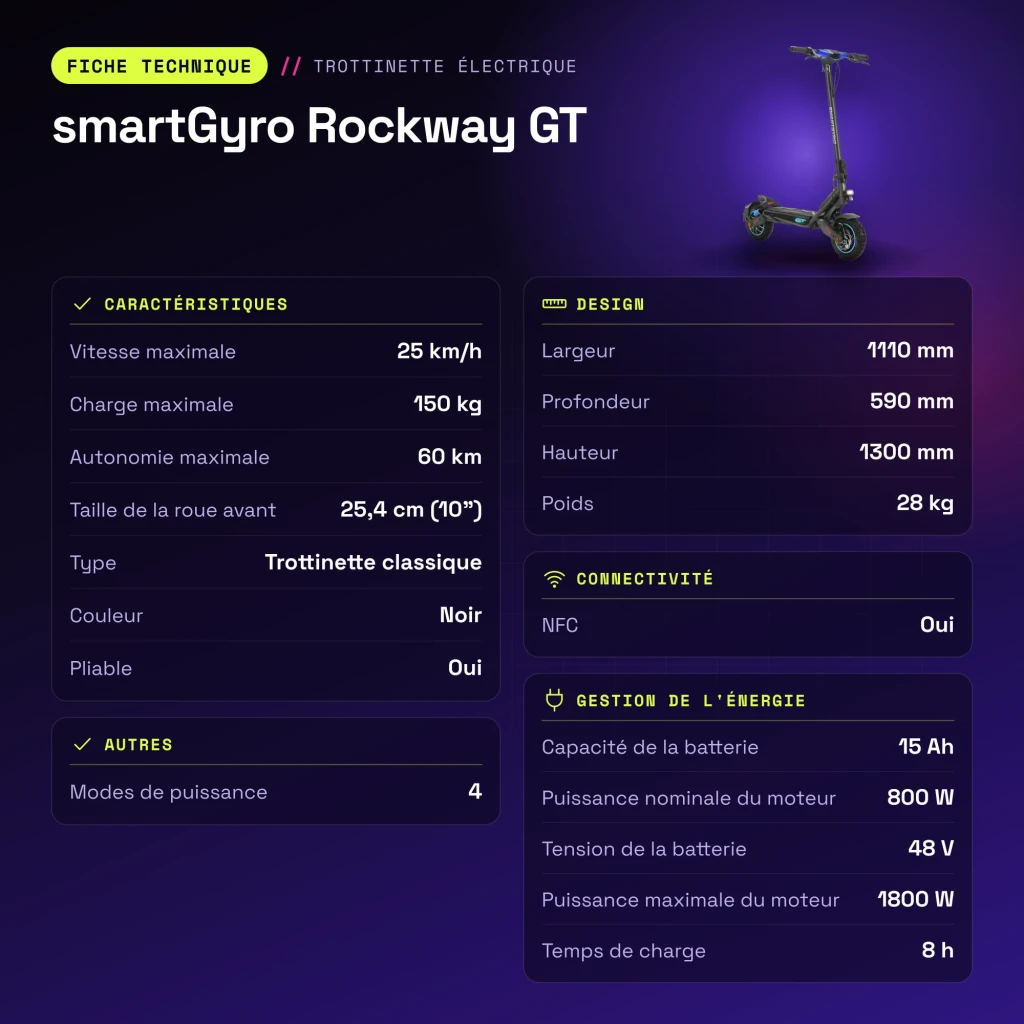 Patinete eléctrico smartGyro Rockway GT 800W 60km 25km/h 10 pulgadas Negro - características