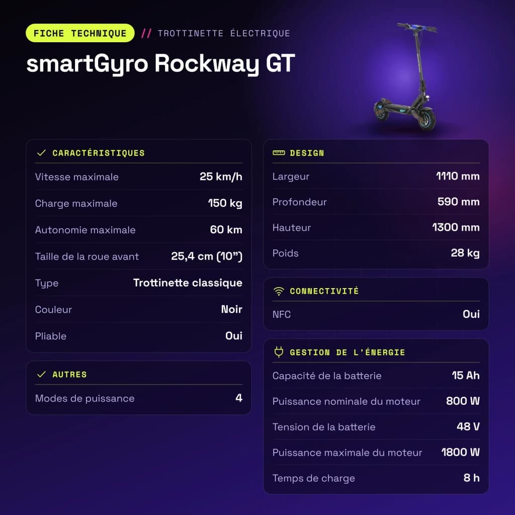Patinete eléctrico smartGyro Rockway GT 800W 60km 25km/h 10 pulgadas Negro - características