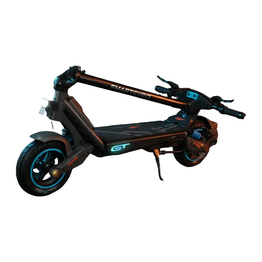 Patinete eléctrico smartGyro Rockway GT 800W 60km 25km/h 10 pulgadas Negro, detalle lateral: luces LED turquesa, logo GT